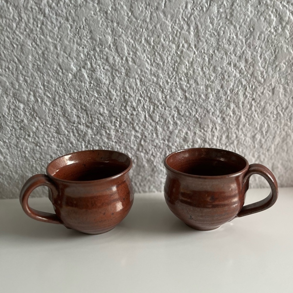 handmade Wheel Thrown Pottery Mugs Set of 2 Brown Glaze Signed RS